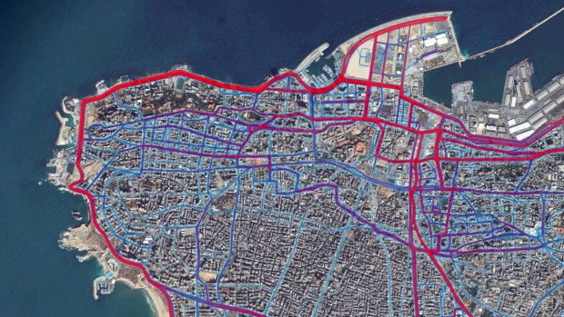 A portion of the Strava Labs heat map from Beirut, made by tracking activities. 