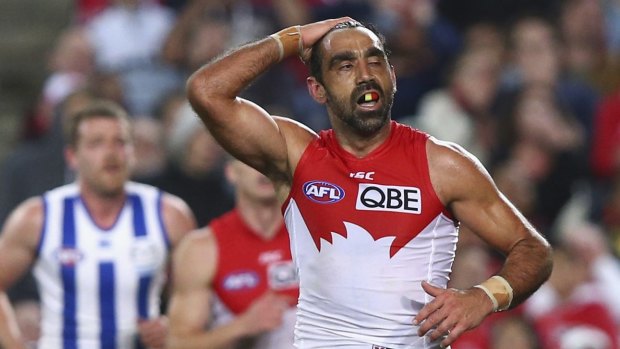 Off target: Adam Goodes reacts after missing a shot at goal during the semi-final between the Sydney Swans and the North Melbourne Kangaroos at ANZ Stadium.