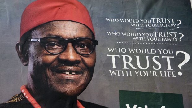 A poster of leading opposition All Progressive Congress presidential candidate Mohammadu Buhari in Lagos.