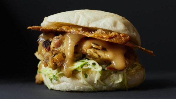 King William's Brigadier sandwich with roast chicken, crispy chicken skin, stuffing, zucchini slaw and gravy.