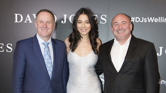 New Zealand Prime Minister John Key with DJ ambassador Jessica Gomes and David Jones boss Ian Moir at the grand opening of a David Jones store in Wellington.