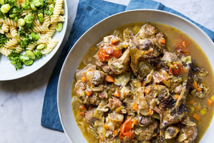 Karen Martini's osso buco with artichokes and broad bean gremolata.