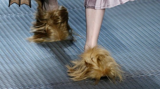 A model wears footwear with wisps of fur as part of the Gucci women's Fall-Winter 2015-2016 collection in Milan, Italy. 