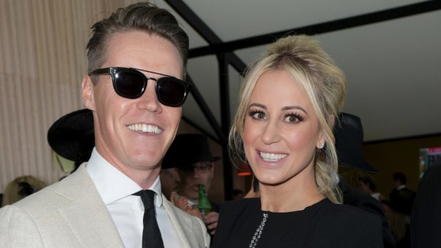 Roxy Jacenko and Oliver Curtis in the Myer Marquee at the Birdcage on Derby Day last November.
