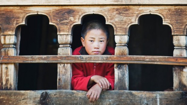 A monk at the window of the Gangtey Gompa Monastery.