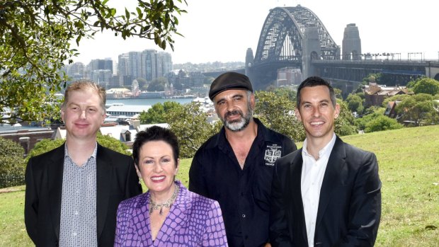 Some of the team behind Sydney's New Year's Eve celebrations; City of Sydney's Aneurin Coffey, Cr Moore, fireworks director Fortunato Foti and Imagination agency director Heath Campanaro.