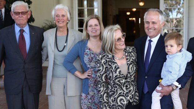 Prime Minister Malcolm Turnbull with daughter Daisy and Lucy Turnbull at his swearing in.