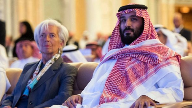Saudi Crown Prince Mohammed bin Salman, centre, and Managing Director of the International Monetary Fund Christine Lagarde, left, attend the opening ceremony of Future Investment Initiative Conference in Riyadh on Tuesday.
