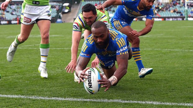 Semi Radradra of the Eels scores his 24th try of the season.