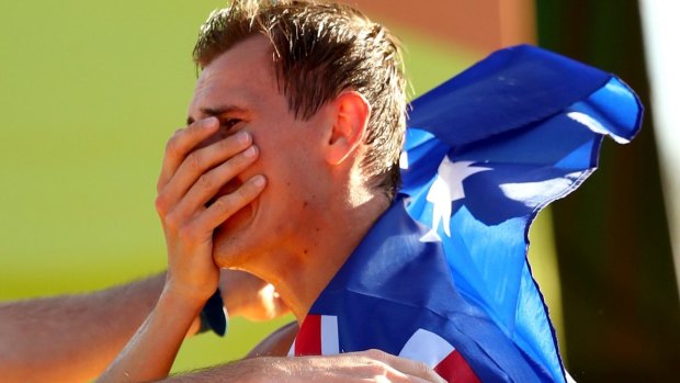 Teary: Dane Bird-Smith after his bronze medal in the 20km walk.