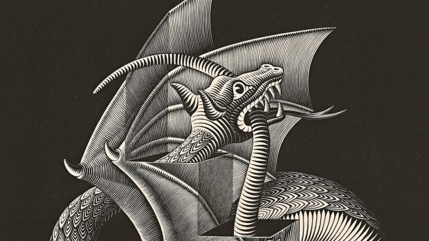 Escher's many mind-boggling visual explorations include <i>Dragon</I> (detail), 1952, wood engraving.