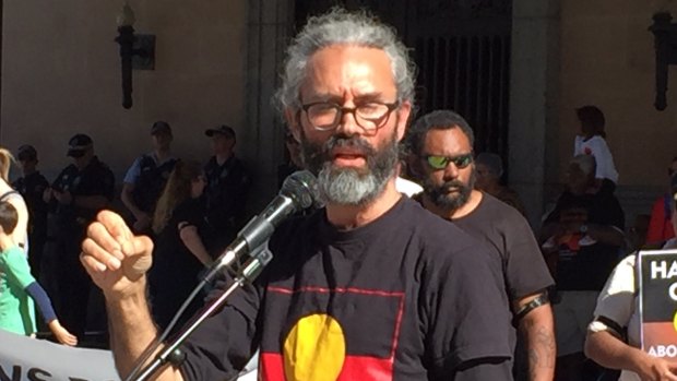 Jandamarra Cadd at Brisbane's King George Square during Saturday's call to extend a Royal Commission in the Northern Territory nationwide.