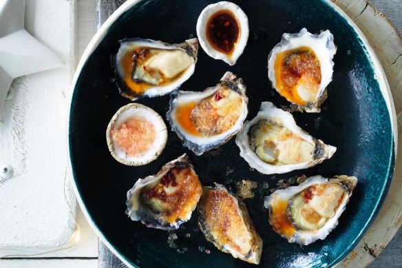 Freshly shucked oysters with finger lime and chilli dressing.