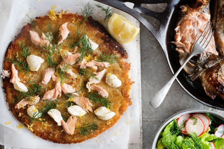 Potato rosti with oven-baked rainbow trout and creme fraiche recipe