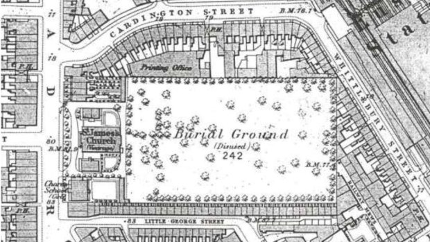 A 19th century map a former burial ground next to Euston station in north London where researchers say Matthew Flinders was buried.