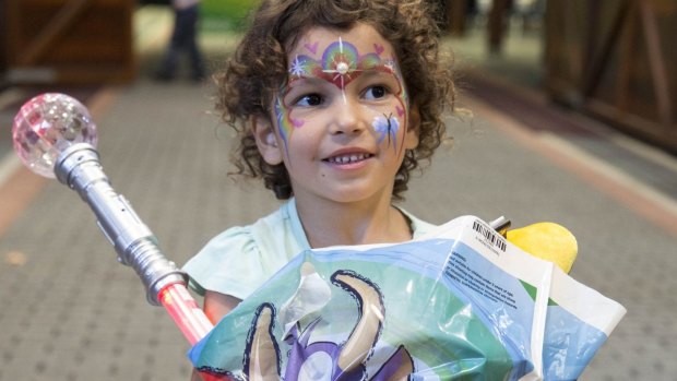 Five-year-old Kyleah Tangye, from Sydney's Westmead Children's Hospital, who was given one of the first of this year's show bags.