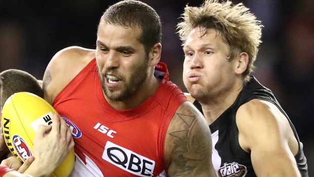 Contentious call: St Kilda's Sam Gilbert was unfairly penalised for his tackle on Lance Franklin.