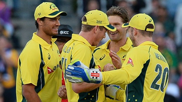 Bowlers do job: Australia celebrate the wicket of Faf du Plessis.