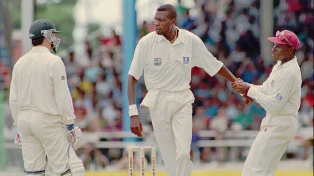 West Indies captain Richie Richardson, right, pulls Curtly Ambrose away after Ambrose was involved in an altercation with Steve Waugh, left, during the third Test in Port of Spain, Trinidad, in 1995. 