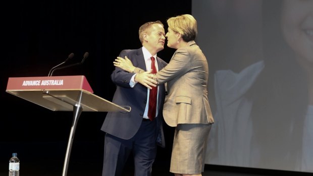 Bill Shorten greets his deputy, Tanya Plibersek, during the conference at the Melbourne Convention Centre. 