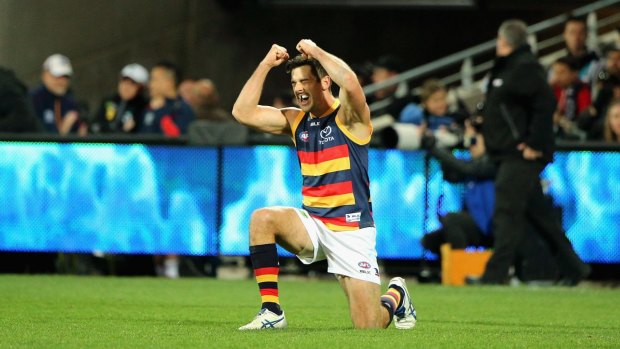 Taylor Walker of the Crows reacts as the siren sounds for a memorable Crows win.