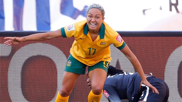 On target: Kyah Simon of Australia reacts after scoring her second goal against Nigeria. 