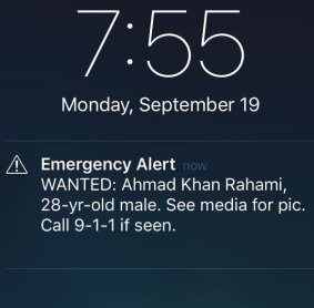 An emergency alert sent to mobile phones in the New York area on Monday.