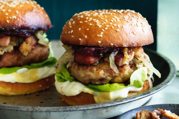 Frankenfood: Turducken burger with bacon and brown bread stuffing.