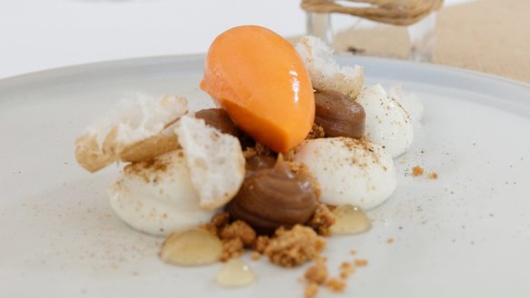 Carrot sorbet with yoghurt and walnut.