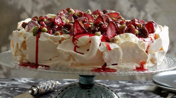 A show-stopping pavlova decorated with freeze-dried fruit, pistachios and rosewater cream <a href="http://www.goodfood.com.au/recipes/pavlova-with-dried-strawberries-20120816-29ttw"><b>(Recipe here).</b></a>