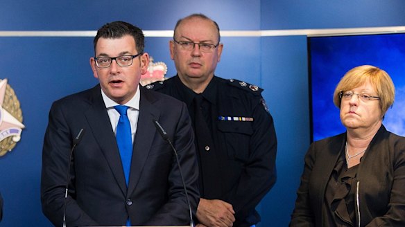 Premier of Victoria Daniel Andrews, Chief Commissioner Graham Ashton and Police Minister Lisa Neville at a press conference on the Brighton siege.