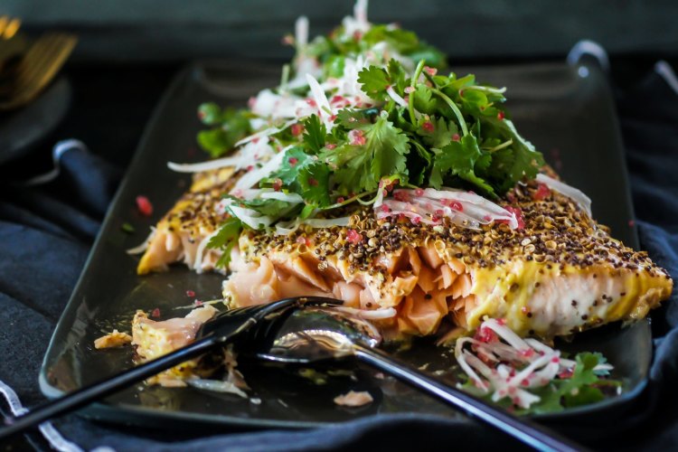 Coriander and mustard roasted salmon.