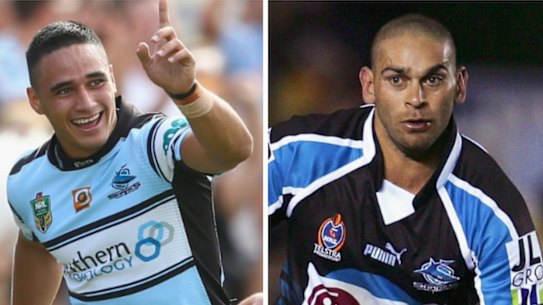 On target: Valentine Holmes, left, could top David Peachey's season record at Cronulla.