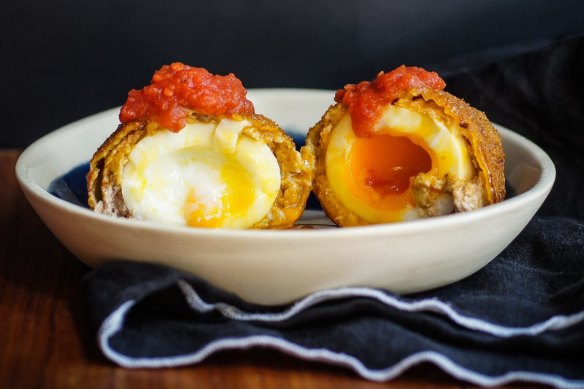 Bloody Mary pork scotch egg with tomato-Tabasco relish.