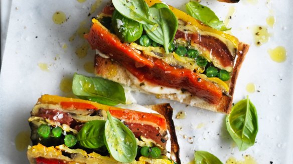 Adam Liaw's vegetable terrine on Turkish toast with whipped ricotta.