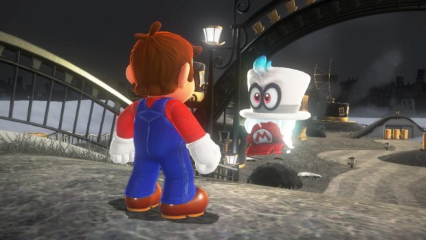 Mario teams up with the shape-shifting ghost hat Cappy at the start of Odyssey.