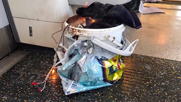 The container which reportedly exploded on board a packer London train during peak hour on Friday morning.