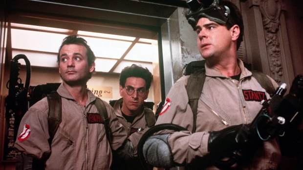 Bill Murray, left, Harold Ramis and Dan Aykroyd in <i>Ghostbusters</i>.