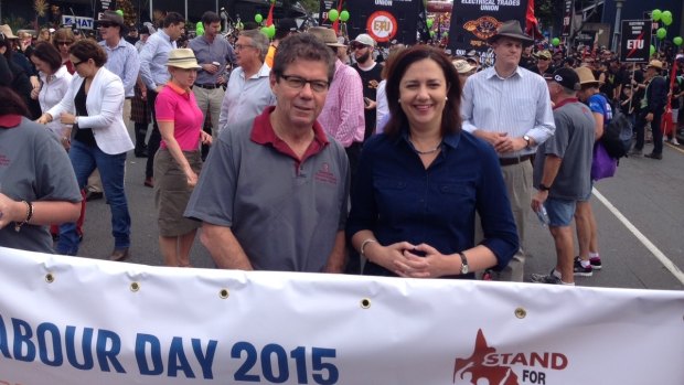 President of Queensland council of Unions John Battams with Premier Annastacia Palaszczuk at the Labour Day march.