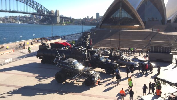 Vehicles for the film <em>Mad Max: Fury Road</em> at the Sydney Opera House. 