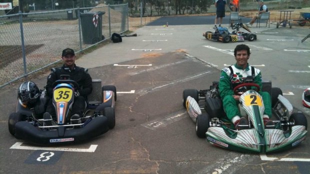 Mark Webber, right, with Australian Masters Rotax DD2 kart champion Tony Prendergast at a Canberra karting track.