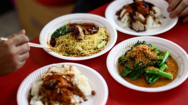Dishes of chicken rice and noodle from Hawker Chan.