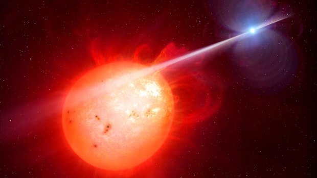 An artist’s impression of the exotic binary system AR Scorpii, with a compact white dwarf star (right) flogging its red dwarf companion with high energy electrons every two minutes.