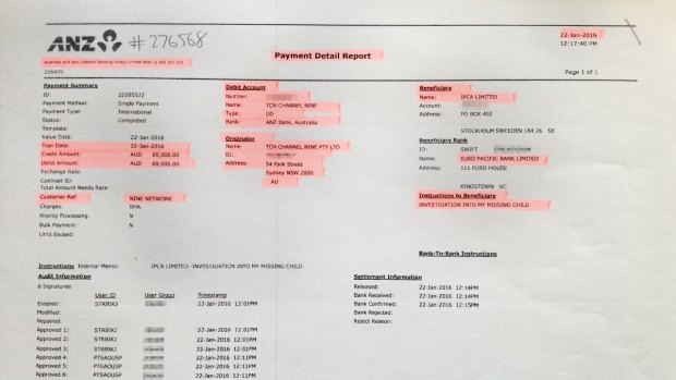 Bank records relating to the Nine Network's payment.