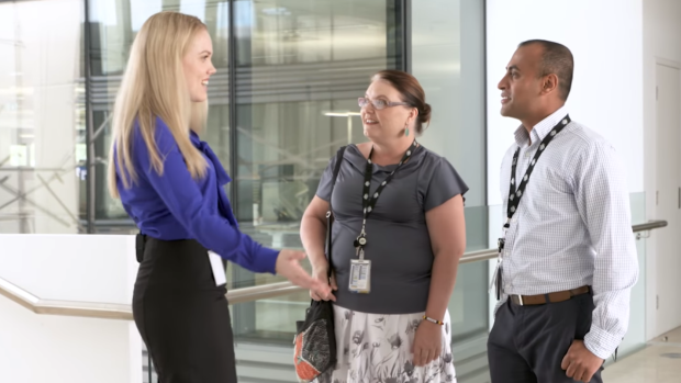 Claire talks with colleagues about her appetite for paleo pear and banana bread in the Department of Finance ad. 