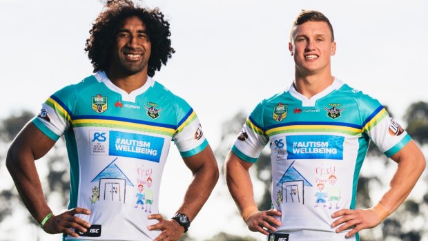 Canberra Raiders' Sia Soliola and Jack Wighton showing off the special Ricky Stuart Foundation jersey.