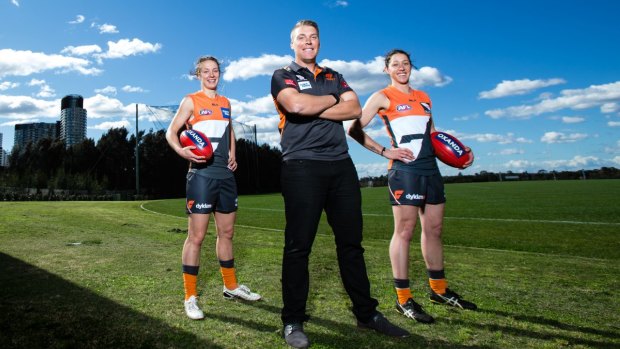 Call for more contact: GWS women's coach Tim Schmidt with Emma Swanson, and Renee Forth in Sydney.