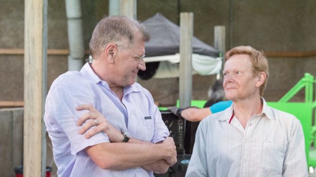 Director Robert Zemeckis and Philippe Petit on the set of <i>The Walk</i>.