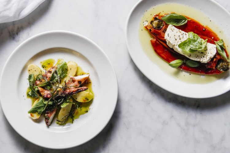 Grilled octopus, new potatoes, 'nduja, salsa verde and roasted bull horn peppers, squacquerone and basil oil at Agostino in Carlton.