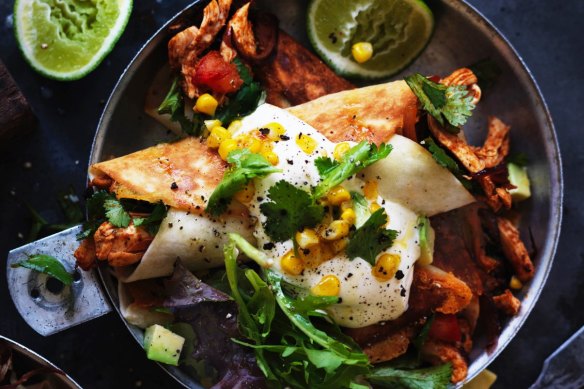 Neil Perry's chicken flautas with sweetcorn and avocado salsa.